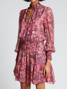 A.L.C. Silvie Smocked Silk Floral Mini Dress Long Sleeve Navy & Hot Pink Size 8